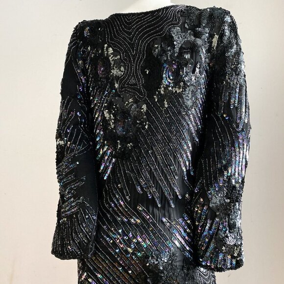 Vintage Silk Fully Beaded Geometric Floral Print Tunic Dress S - Picture 8 of 9